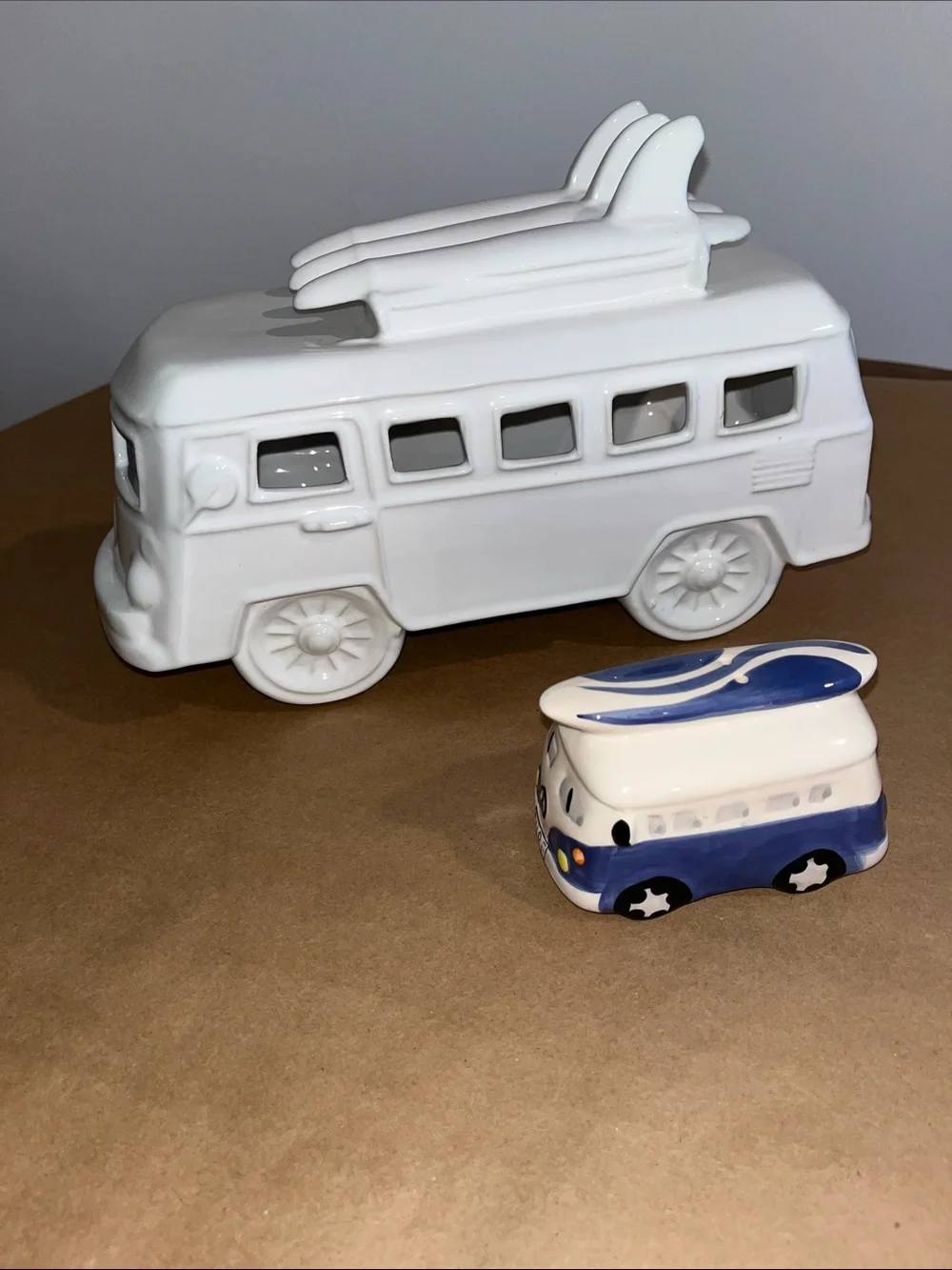 White Ceramic Surf Van and Blue Ceramic Camper -